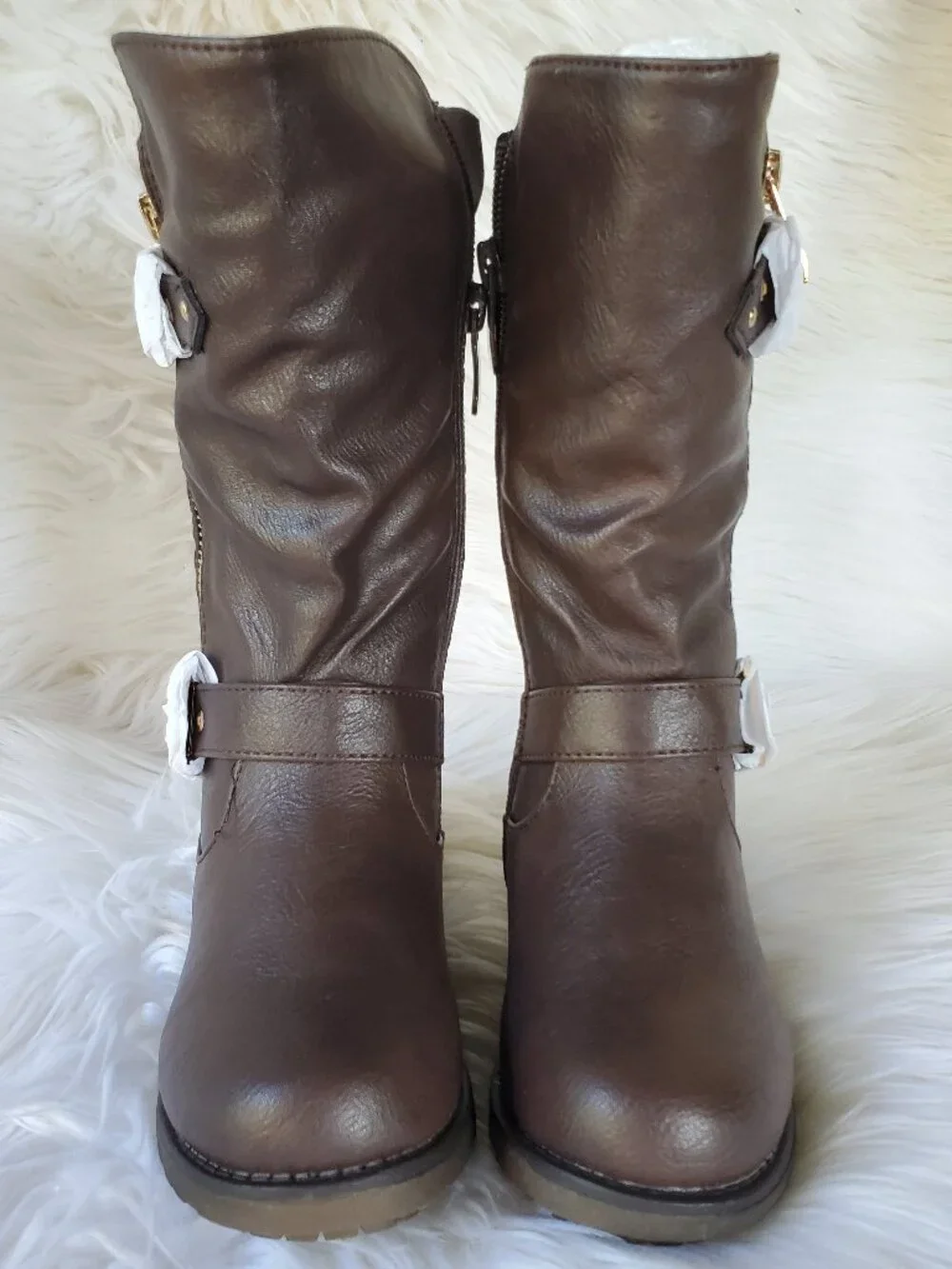 Dream Paris Brown Girl's Mid Calf Quilted Side Panel Buckle Straps Boots SZ 10